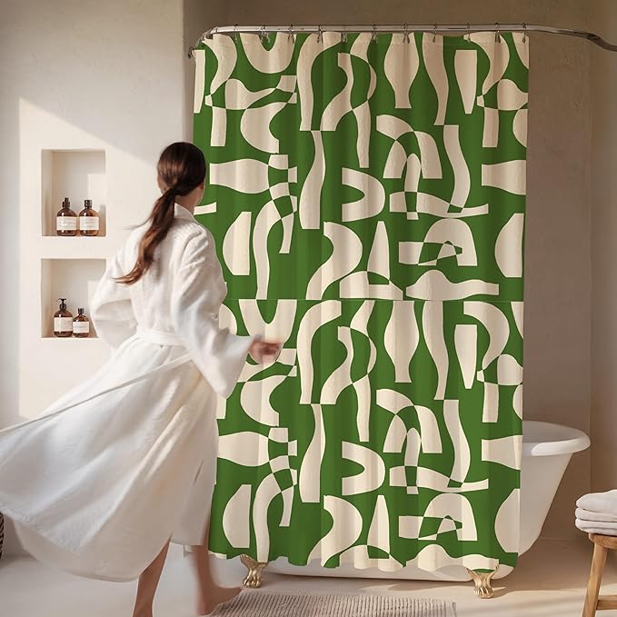 Modern Green and Ivory Geometric Pattern Print Shower Curtain – Abstract Minimalist Fabric Design – Neutral Trendy Bathroom Décor – 72x72 Inches (Geo Green)