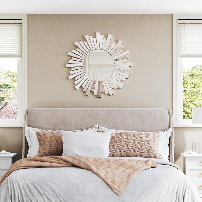 Gold Sunburst Mirror, 26" Sun Mirror Wall Decor with Beveled Glass Frame, Starburst Mirrors for Entryway, Dining Room, Living Room