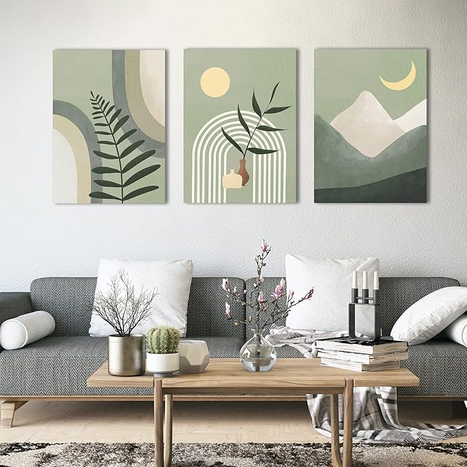 Gisipameis Boho Wall Art Set of 3, Mid-Century Modern Decor 12"x16" Framed Canvas Print Minimalist Botanical Geometric Abstract Neutral Room for Bathroom, Bedroom