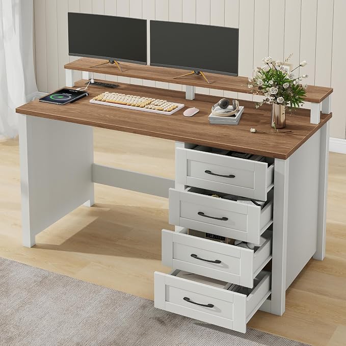 Vabches 47" Farmhouse Executive Desk with Monitor Stand and LED Lights,4 Drawers Computer Desk with Power Outlets,Large Workspace for Work Study Writing.Unique White