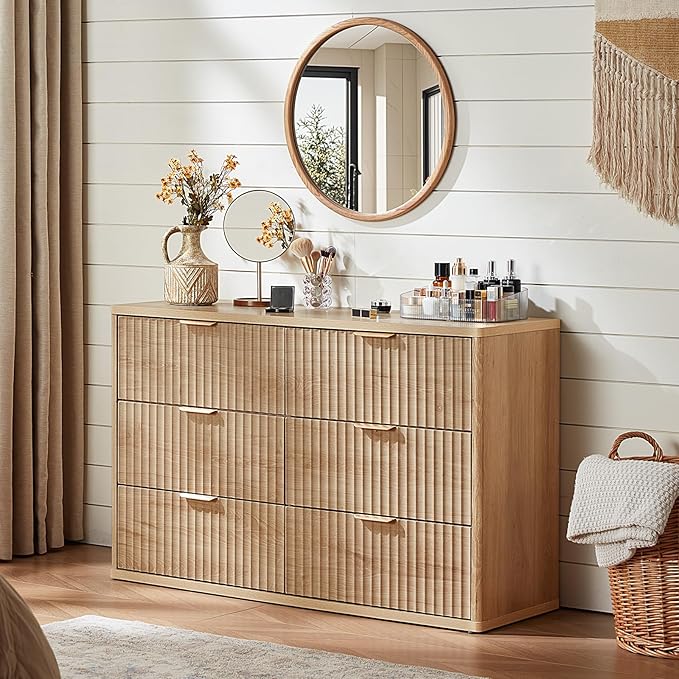LEYAOYAO Fluted 6 Drawers Dresser Set of 2, 48" Wide Modern Chest of Drawers with Metal Handle, Natural Curved Profile Dresser TV Stand, Wooden Drawer Organizer for Bedroom, Living Room, Hallway