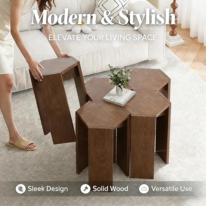 Single Solid Wood Nesting Coffee Table, Modern Modular End Table with Multiple Layouts, for Living Room Layout - Walnut Color - 12.2" L x 12.2" W x 16.7" H