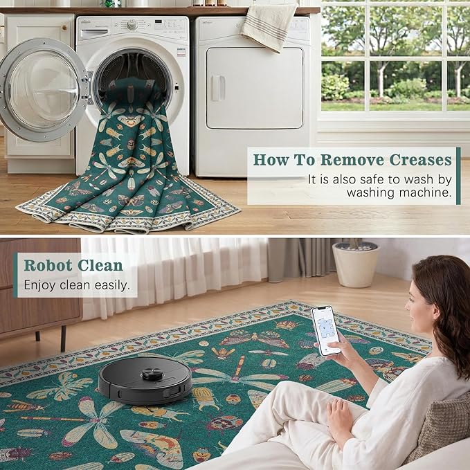 DCX 4x6 Washable Insect Rug, Vintage Gothic Deep Teal Rug with Non-Slip Rubber Backing, Soft Low-Pile, Stain-Resistant, Kid & Pet Friendly, for Living Room, Bedroom, Office, and Nature-Themed Decor