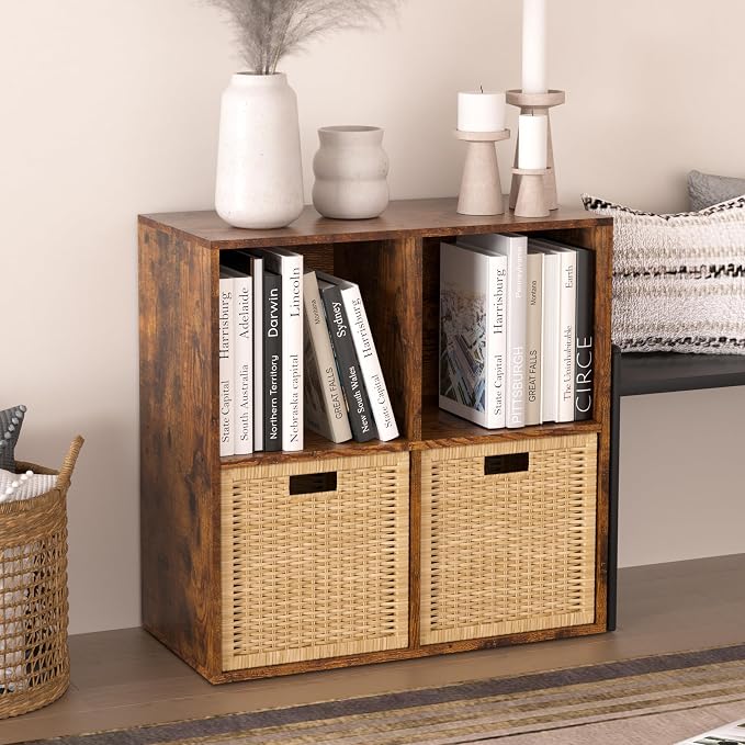 Wooden 4 Cube Storage Organizer with Closed Back Panel,White Cube Shelf Cubby Storage Organizers with Compartments for Living,Bookshelf,Organizers Easy to Install (Retro Brown, 4 Cube)
