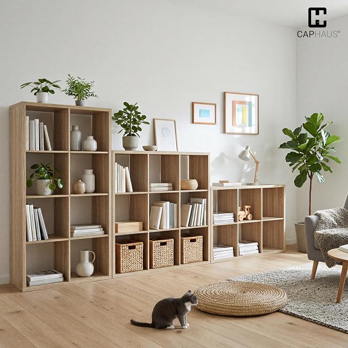 CAPHAUS Sturdy Room 13-Inch Cube Storage Organizer Shelf, with Extra Thick Exterior Edge, Open Storage Shelf Divider, Bookcase, 9-Cube, Natural Oak