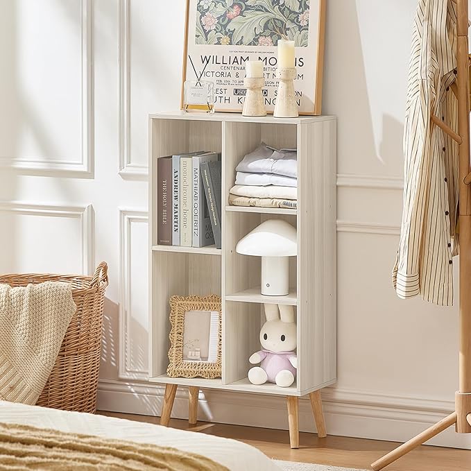 LEYAOYAO 5 Cube Bookshelf 3-Tier Bookcase with Legs,Mint Light Grey White Book Shelf Cute Storage Organizer,Free Standing Open Toy Shelves Wood Bookshelves,Display Bookcases for Bedroom,Living Room