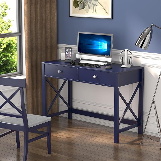 WiberWi Home Office Desk with Drawers, Modern Writing Computer Desk for Bedroom, Small Makeup Vanity Table Study Table for Home Office,Navy