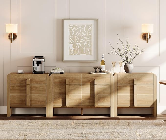 WAMPAT 110.2” W Large Sideboard Buffet Cabinet with Storage,Modern French Kitchen Buffet Cabinet with 12 Drawers,Wood Buffet Table Coffee Wine Bar Console Table for Kitchen,Dining Room,Light Walnut