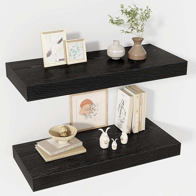 24 Inch Floating Shelves, 12" Deep Floating Shelf Wall Mounted, 24" Wall Shelves, Rustic Deep Bookshelf, Extra Deeper & Thicker Display Shelves for Bedroom, Living Room, Black, Set of 2