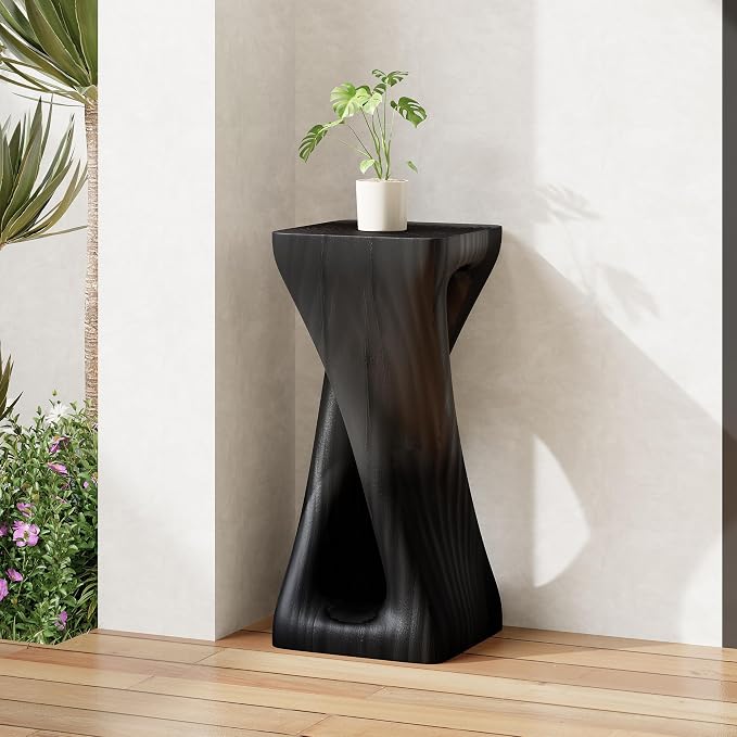 ø12.5'' Square Side Table End Table for Living Room, Modern Farmhouse Style, Magnesium Oxide & Lightweight Concrete Material for Indoor & Outdoor, No Assembly, Wood Grain, Black
