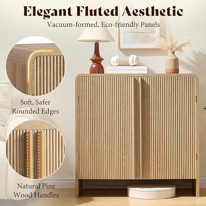 AMERLIFE 2-Piece Fluted Buffet Cabinet with Storage, Modern Sideboard Cabinet with Doors & Adjustable Shelf, Console Table & Credenza for Living Room, Kitchen & Entryway, Natural Oak