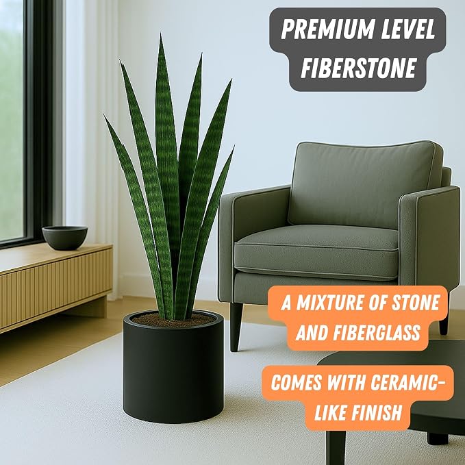 Fox & Fern Large Indoor Planter, Modern Large Plant Pot for Indoor or Outdoor, UV and Frost Resistant - 10 Inch, Fiberstone, Matte Black Flower Pot with Drainage Plug, Lightweight