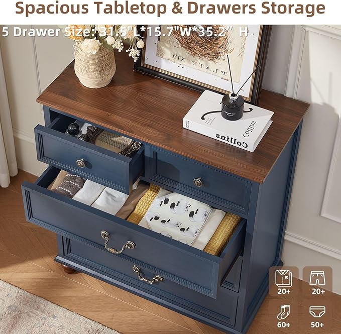 Farmhouse 5 Drawer Dresser for Bedroom, 35" Tall Rustic Chests of Drawers w/ 4 Solid Wood Feet, Mid Century Modern Wooden Closet Storage Dressers Organizer for Living Room, Hallway,Blue