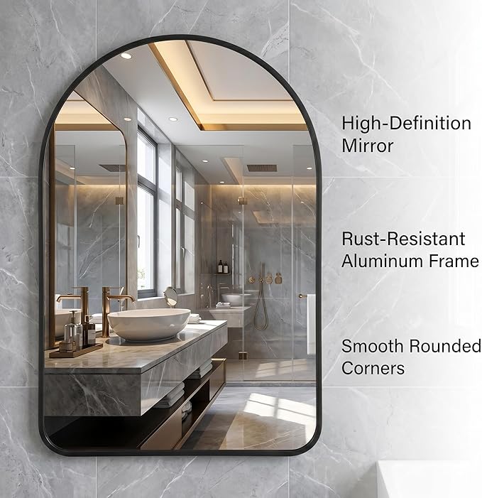 HARRITPURE 24"x36" Arched Bathroom Mirror, Wall Mounted Mirror, Black Arch Mirror, Aluminum Alloy Frame Wall Mirror for Living Room, Bedroom, Entryway
