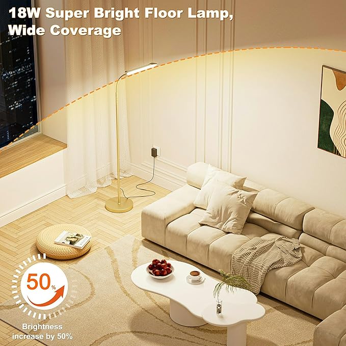 Yikuneng Dimmable LED Floor Lamp, Super Bright Reading Lamps Floor Standing lamp with Remote & Touch Control, Stepless Dimming & 2700K-6500K Color Temperature, for Living Room Bedroom Office, Gold
