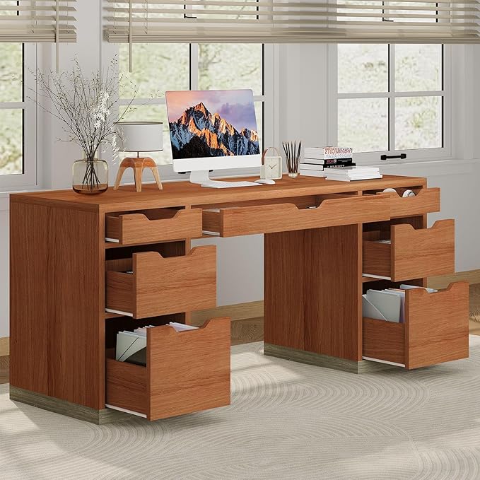 MaverickFurni 54 Inch Executive Desk with Drawers, Computer Desk with 7 Drawers for Bedroom, Office Desk with File Cabinet for Work Study Writing, Small Spaces, Brown
