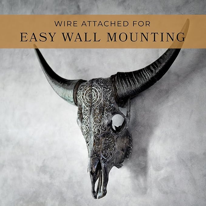 Skull Bliss - Hand-Carved Real Authentic Taxidermy Cow Skull/Bull Skull Wall Decor with Horns/Real Animal Cow Skull Wall Decor (Standard Horns)
