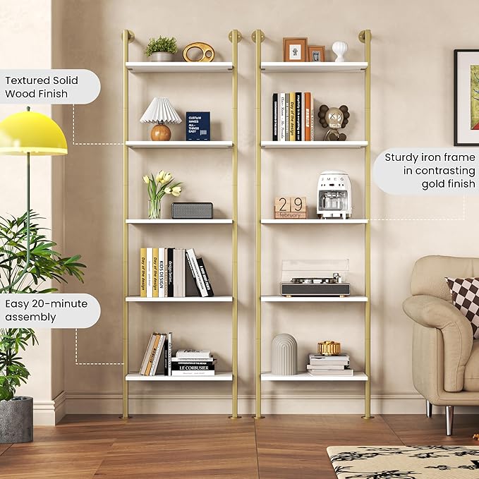 Acovy 5-Tier Bookshelf - Solid Wood Narrow Bookcase Set of 2, Wall Mount Ladder Shelf, Storage Rack for Living Room, Bedroom, Bathroom, White and Gold