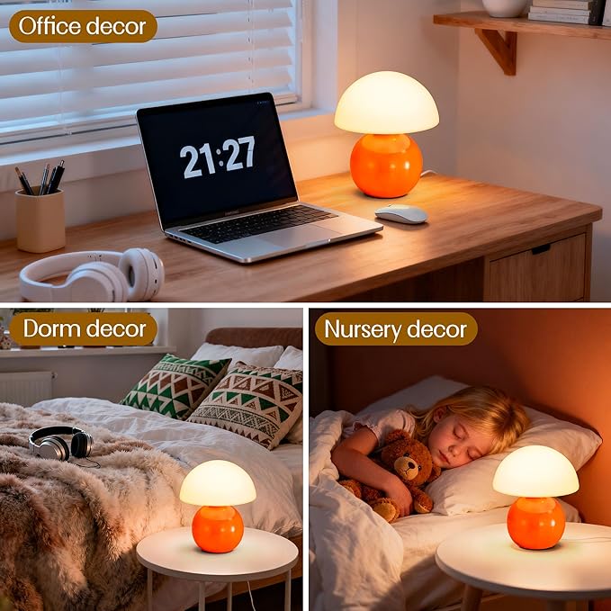 Small Mushroom Lamp,USB-Plug in Bedside Table Lamps with 3-Temperature LED Bulb Dimmable,Unique Cute Aesthetic Home Decor for Living Room,Bedroom, Modern Ceramic Base Glass Lamp(Orange)