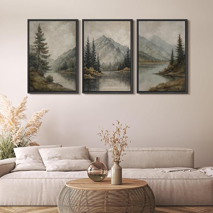 MUDECOR Framed Wall Art Print Set Mountain Landscape Nature with Trees, Lake, and Mountains, Rustic Illustrations Modern Art Decorative Colorful for Living Room, Bedroom, Office - 24"x36"x3 Black