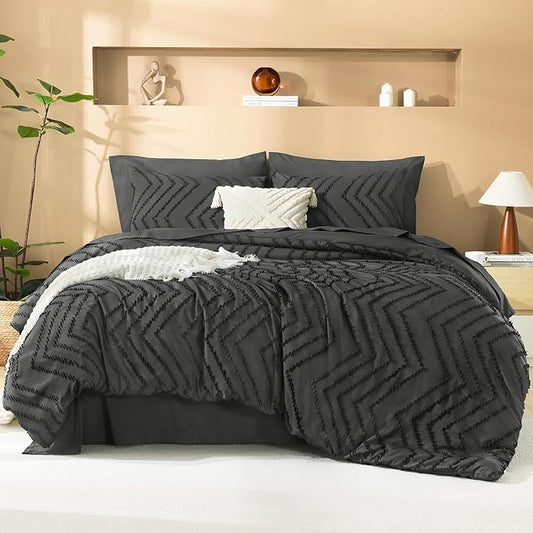 Litanika Oversized King Size Comforter Set with Sheets Dark Grey - 7 Pieces Bed in a Bag Oversized King Boho Tufted Complete Bedding Sets with Comforter, Sheets, Pillowcases & Shams