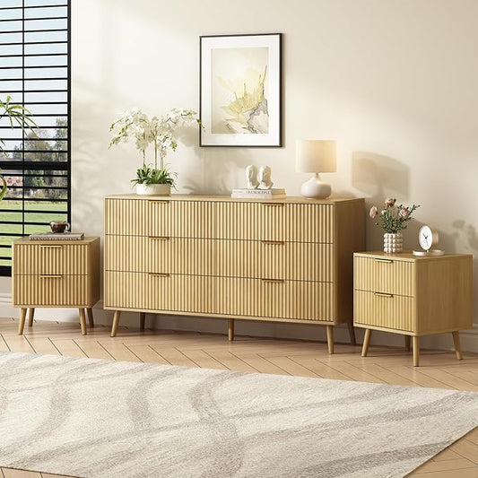 CARPETNAL Fluted Dresser and Nightstand Sets for Bedroom, 3 Pcs Bedroom Set, 6-Drawer Dresser & 2-Drawer Nightstand Set of 2, Modern Wood Chest of Drawers for Living Room, Entryway, Oak