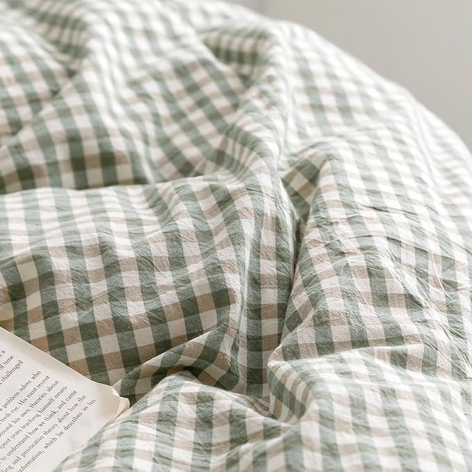 mixinni Green Gingham Ruffle Duvet Cover Twin XL Size 3 Pieces – 100% Washed Cotton, Vintage Plaid Ruffled Bedding Set with Zipper Ties, Soft Checkered Grid Farmhouse Chic Comforter Cover Set