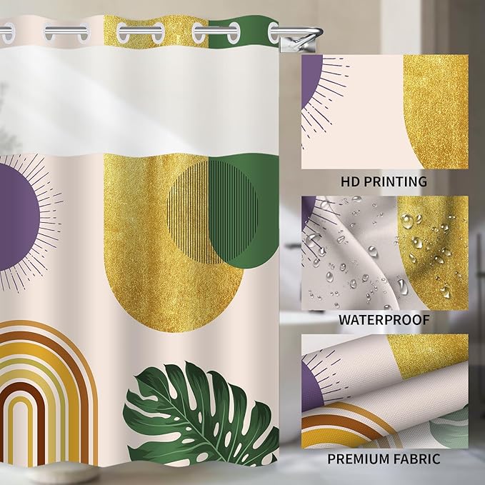 No Hook Shower Curtain,Purple and Green Plant,Mid Century Farmhouse,Modern Geometric Sun,Double-Layered Shower Curtain with High Visibility Window,White Lining Detachable,71x74Inch