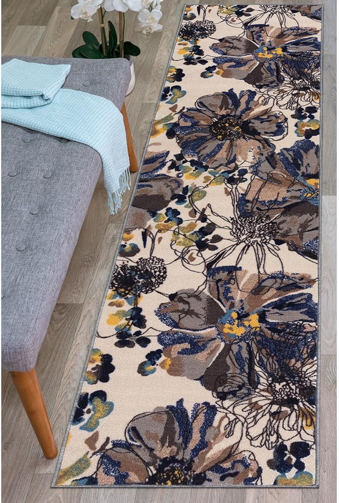 Rugshop Cream Bright Flowers Non Slip Non-Shedding Runner Rug for Hallway, Kitchen and Laundry Room, 2' x 7' (22" X 84")
