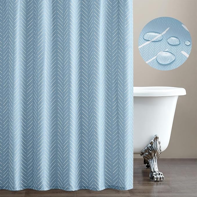 jinchan Blue Shower Curtain with White Herringbone Striped Zig Zag Chevron Waterproof Fabric Modern Farmhouse Shower Curtains for Bathroom with 12 Hooks 70x72 Inches