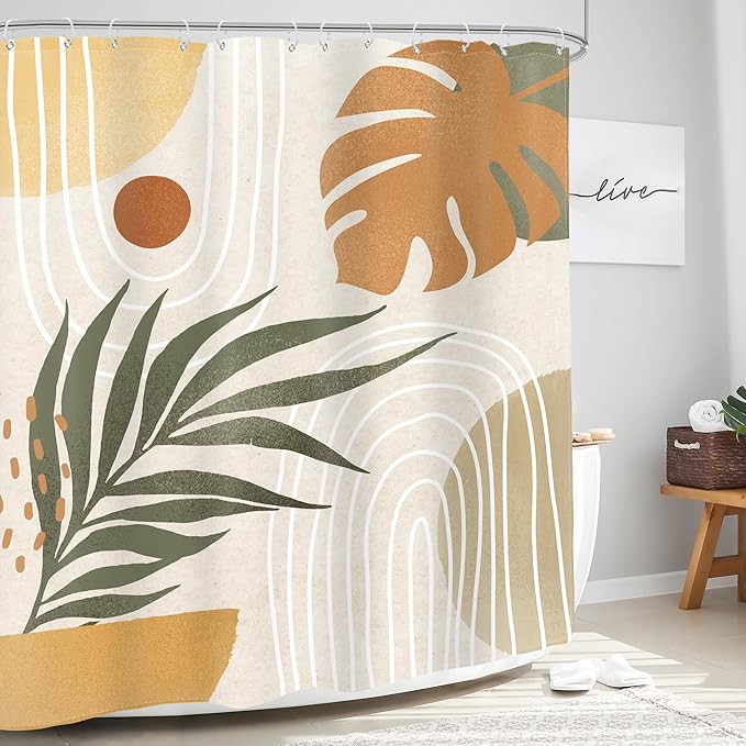 Glawry Beige Green Boho Shower Curtain Mid Century Abstract Plant Tropical Palm Leaf Modern Minimalist Arch Geometric Bathroom 60Wx72L Inches Bath Accessories Art Home Decor Fabric 12 Pack Hooks