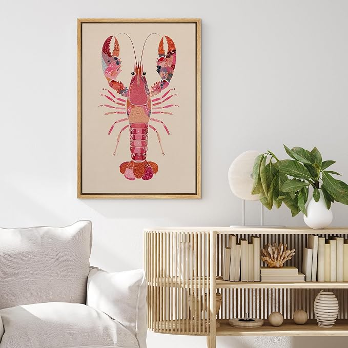 MUDECOR Framed Canvas Print Wall Art Pink Pattern Lobster Coastal Marine Animal Illustrations Minimalism Decorative Bohemian Colorful Zen for Living Room, Bedroom, Office - 16"x24" NATURAL