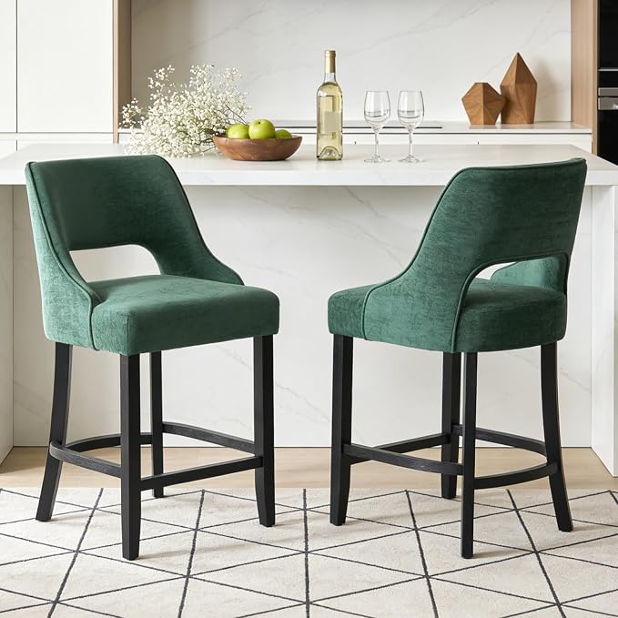 ClinQ Bar Stools Set of 1, 26" H Counter Height Bar Stools with Backs, Modern Upholstered Accent Barstools with Curved Footrest for Kitchen Island, Dining Room and Bar, Green-Black Legs