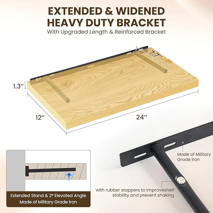 Dreamland 24" Floating Shelves for Wall, 12" Deep Slim Oak Floating Shelves, Wall-Mounted Shelves for Bedroom, Living Room, Kitchen, Bathroom - Set of 2