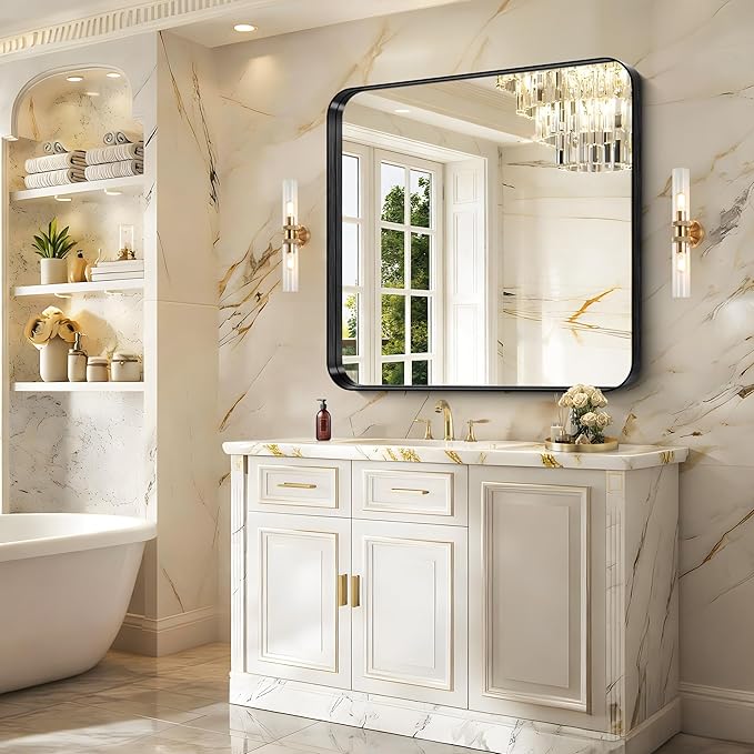 CIRCUMI Black Bathroom Mirror, 42"x42" Rectangular Mirror with Deep Metal Frame, Rounded Corner, Tempered Glass, Mirror for Wall, Oversink, Bedroom, Installed Vertically/Horizontally, Crystal-Clear