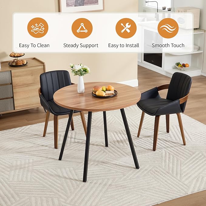 34.6" Round Dining Table for 2-4, Mid-Century Modern Walnut Kitchen Table with Woodgrain Top & Black Metal Legs, Space-Saving Table for Apartment, Breakfast Nook, Small Spaces - Walnut