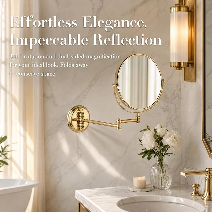 7Trees 8-Inch Retro Bathroom Folding Wall Mount Make-Up Mirror Flip Telescopic Beauty Mirror (Gold)