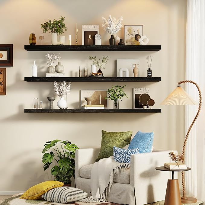 IEO Long Wooden Floating Shelves for Room Wall, Natural Wood Floating Shelves Wall Mounted Kitchen Shelf for Living Room, Bedroom, Kitchen,Bathroom, Storage (Black, 48in 3tier)