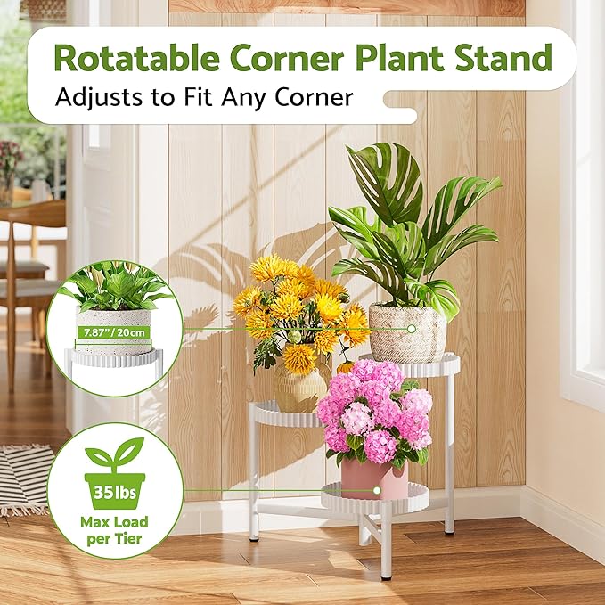 3 Tiered Tall Plant Stand Indoor Outdoor, Metral Flodable Plant Stand for Corner Display Rack Shelf, Multi-Tier Folding Planter Pot Holder Flower Stand for Living Room Balcony Garden Patio - WhiteFloroma