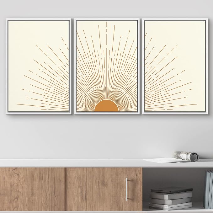 wall26 Framed Canvas Print Wall Art Set Boho Mid-Century Orange Minimal Shining Sun Galaxy Nature Abstract Illustrations Modern Bohemian Decorative for Living Room, Bedroom, Office - 16"x24"x3 White