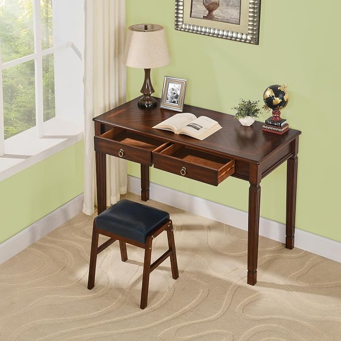 Vintage Wooden Writing Desk with 2 Drawers, Solid Computer Desk Workstation 46in Wide Study Table for Home Office, Small Secretary Table in Cherry Walnut, BSZ-D1258