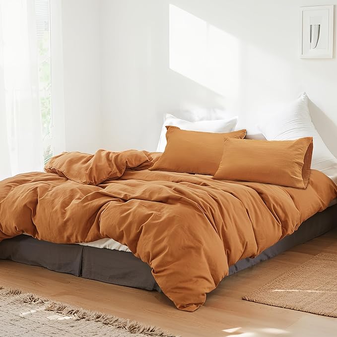 FALUCA French Linen Blend Duvet Cover Set 3Pcs King (104"x92") - Soft, Breathable, Cooling Farmhouse Bedding for Hot Sleeper (King, Burnt Orange/Rust)