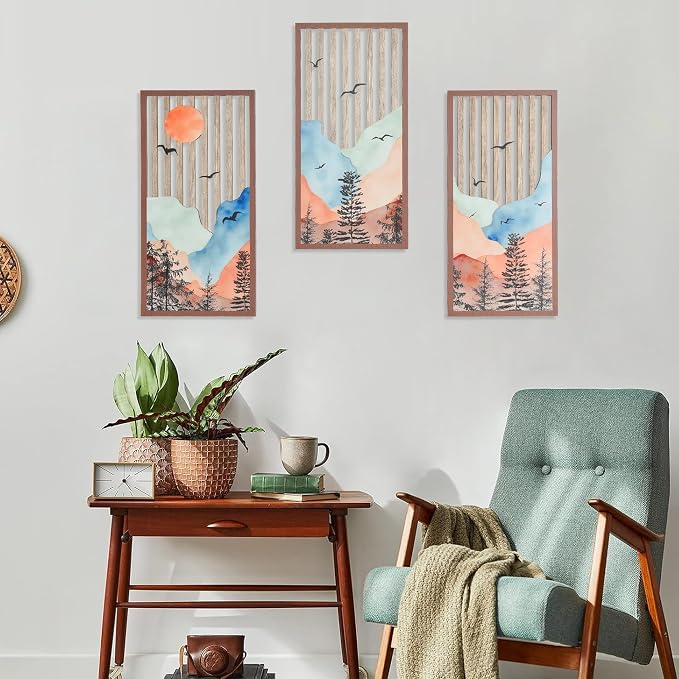 Rustic Forest Mountain Wall Art Set of 3 - Nature Inspired Wood Wall Decor Panels for Living Room, Bedroom, Cabin & Office - Minimalist Landscape Pictures of Nature (Landscape - 15.7 x 7.87 inch)