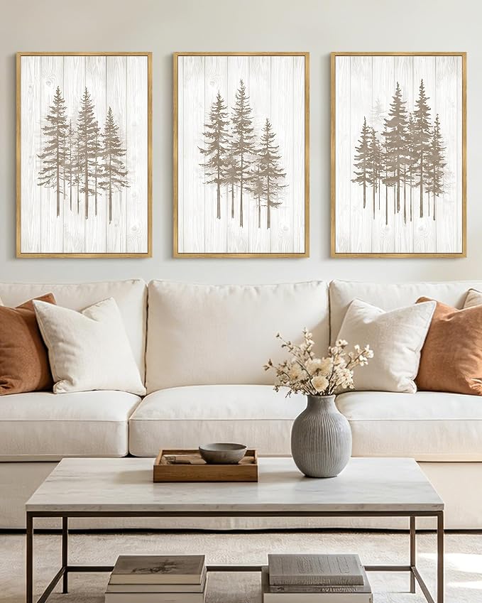 KUVIOKE Foggy Misty Pine Tree Framed Wall Art Watercolor Nature Abstract Forests Wall Decor Rustic Minimalist Painting for Bedroom Dining Room 16x24in (Natural Framed)