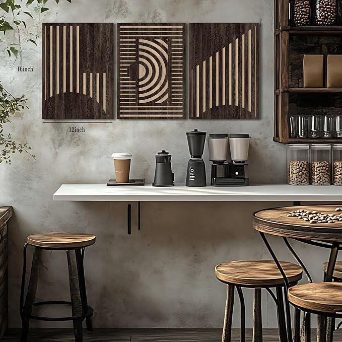 Abstract Geometric Wall Art Vintage Rectangle Wood Grain Effect Prints Pictures Wall Decor 3 Pcs, Rustic Mid Century Brown Minimalist Geometric Paintings Artwork for Home Bedroom Living Room 12x16"