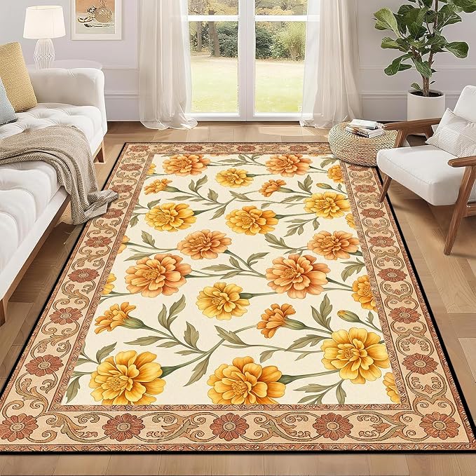 Marigold Floral Area Rug Vintage Boho Rug Bordered Non-Slip Washable Floor Mat for Entryway Bedroom Living Room Nursery Kitchen Playroom Home Decor,3'x5'