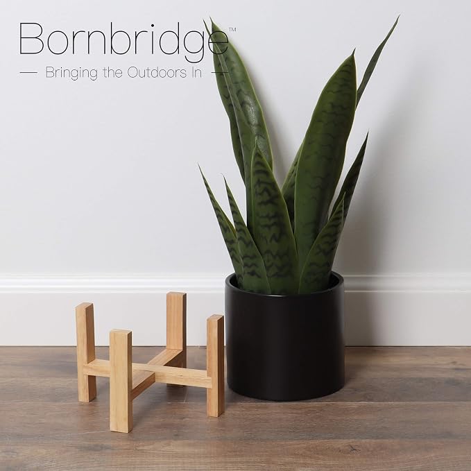 Bornbridge Artificial Snake Plant with Mid Century Plant Stand - Sansevieria Plant in Modern Planter - Artificial Plants with Indoor Plant Stand - Faux House Plants (Medium / 1 Pack)