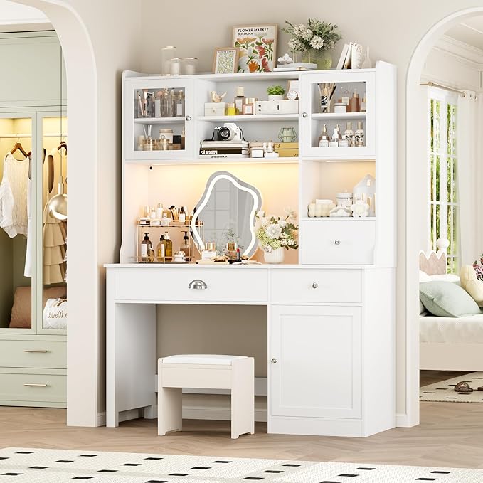 FACBOTALL Computer Desk with Hutch and RGB Lights, 65" Office Desk with Power Outlet, Makeup Vanity with 3 Doors & 3 Drawers, Executive Desks for Home, Work and Study, White