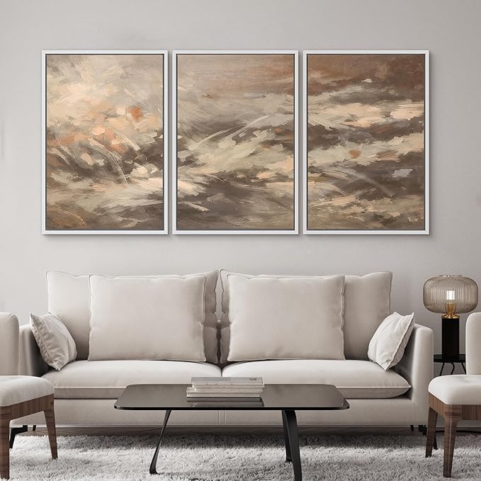 SIGNWIN Framed Canvas Print Wall Art Set Warm Earth Tone Brushstroke Abstract Illustrations Modern Art Decorative Boho Relax/Zen Nordic for Living Room, Bedroom, Office - 16"x24"x3 White