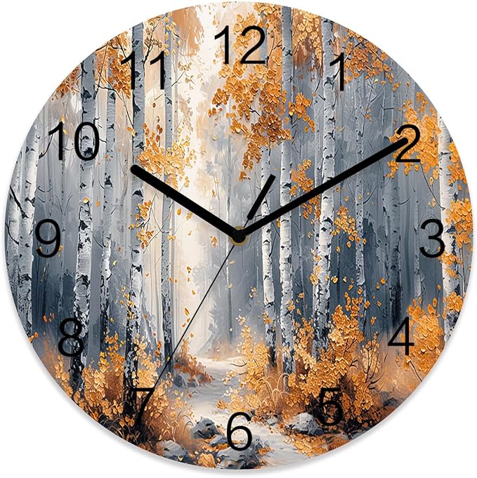 Yellow Forest Painting Art Style Wall Clock Battery Operated Non-Ticking 10" Round Wood Clocks, Kitchen Wall Clock for School Bathroom Living Room Home Office Wall Decor